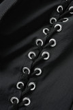Black Street Solid uitgehold patchwork metalen accessoires decoratie hoge taille potlood effen kleur bodems