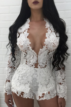 White Sexy Street Solid Lace Hollowed Out Patchwork V Neck Two Pieces Embroidery Top And Short Set