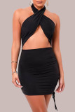 Kaki Sexy Street Solid Draw String Backless Halter One Step Jupe Robes