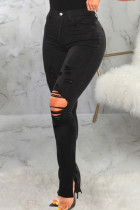 Black Casual Solid Patchwork Slit High Waist Skinny Ripped Denim Jeans