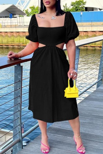 Black Casual Solid Hollowed Out Backless Square Collar One Step Skirt Short Sleeve Dress