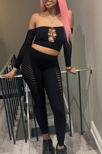 Black Sexy Casual Solid Hollowed Out Backless Off the Shoulder Long Sleeve Two Pieces