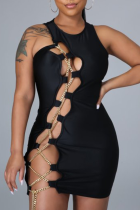 Black Sexy Party Solid Chains O Neck One Step Jupe Robes