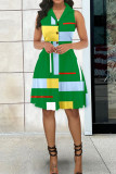 Botones de patchwork con estampado informal verde Cuello vuelto Una línea de vestidos