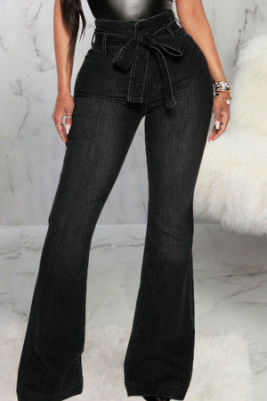 Black Casual Solid Bandage Patchwork High Waist Flare Leg Denim Jeans
