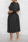 ブラック カジュアル ソリッド パッチワーク V ネック 半袖 ドレス