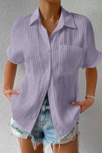 Tops à col de chemise de base en patchwork uni décontracté violet clair