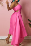 ピンクのセクシーな固体パッチワーク非対称斜め襟不規則なドレスドレス