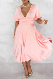 ピンク カジュアル ソリッド パッチワーク V ネック 半袖 ドレス