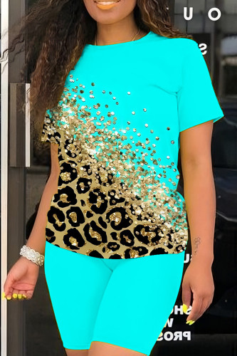 Cyan Rainbow Casual Print Basic O Neck Short Sleeve Two Pieces T-shirt Tops And Shorts Sets