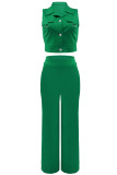 Verde casual elegante sólido patchwork fivela gola redonda sem mangas duas peças