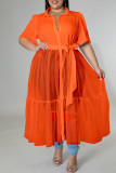 Vestidos de tamanho grande casual com fivela de patchwork sólido vermelho tangerina