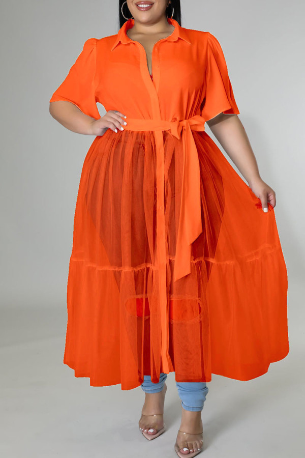 Vestidos de tamanho grande casual com fivela de patchwork sólido vermelho tangerina