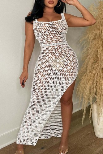 White Sexy Solid Hollowed Out Sequins See-through Slit Swimwears Cover Up