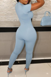 Macacão skinny azul sexy streetwear com estampa de zíper e gola alta