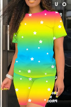 Yellow Rainbow Casual Print Basic O Neck Short Sleeve Two Pieces T-shirt Tops And Shorts Sets