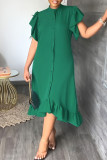 Green Casual Solid Patchwork Buckle O Neck Dresses