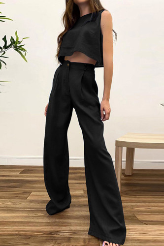 Black Casual Solid Patchwork O Neck Sleeveless Two Pieces