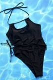 Zwarte sexy effen uitgeholde badkleding zonder rug (met vulling)