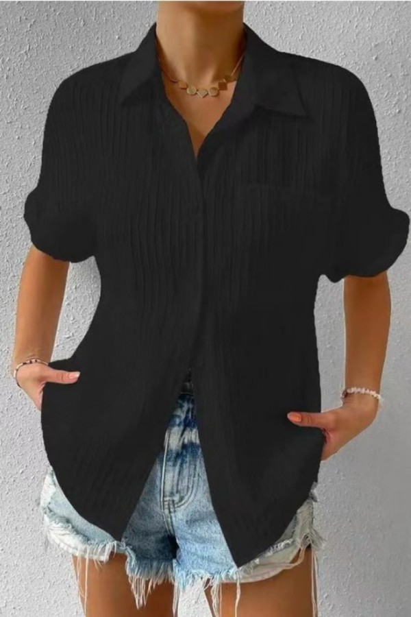 Schwarze, lässige, solide Patchwork-Basic-Oberteile mit Hemdkragen