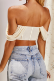 Roze sexy straat effen patchwork mesh strapless hoge taille tops
