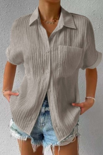 Top con colletto della camicia di base patchwork solido casual grigio