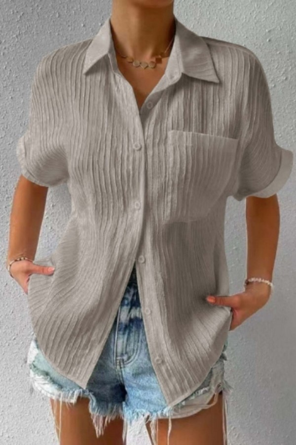 Tops de cuello de camisa básica de patchwork sólido informal gris