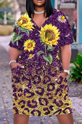 Purple Casual Print Patchwork Basic V Neck Short Sleeve Dress