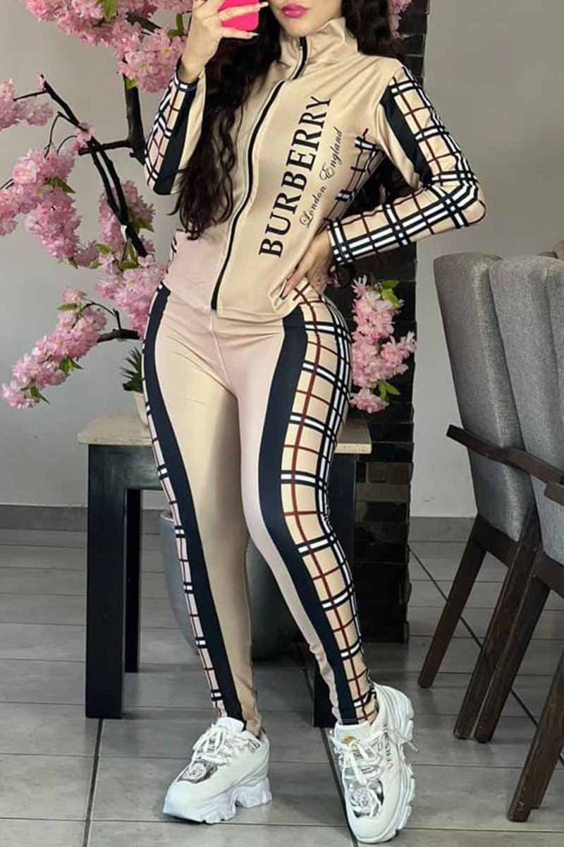 

Khaki Casual Sportswear Print Patchwork Letter Zipper Collar Long Sleeve Two Pieces