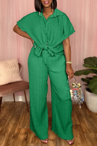 Green Casual Solid Basic Turndown Collar Short Sleeve Two Pieces