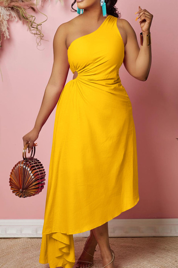 Желтое сексуальное однотонное платье в стиле пэчворк с асимметричным косым воротником и нерегулярным платьем Платья