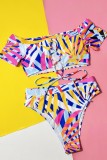 Multicolor Sexy Print Bandage Hollowed Out Swimwears (With Paddings)