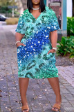 Blå Casual Print Patchwork Basic V-ringad kortärmad klänning