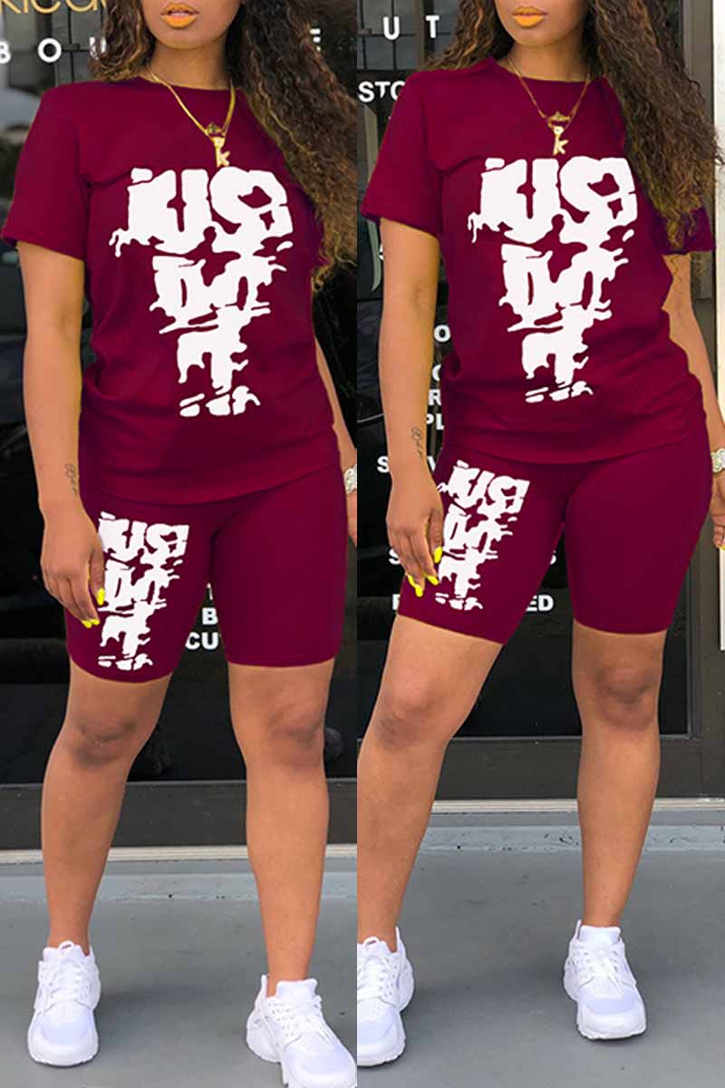 

Burgundy Casual Print Letter O Neck Short Sleeve Two Pieces