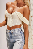 Abrikoos Sexy Straat Effen Patchwork Mesh Strapless Hoge Taille Tops