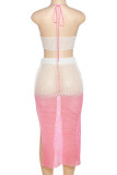 Pink Sexy Gradual Change Hollowed Out See-through Backless Slit Halter Sleeveless Two Pieces