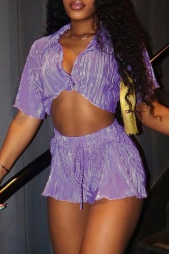Purple Casual Solid Basic Turndown Collar Short Sleeve Two Pieces