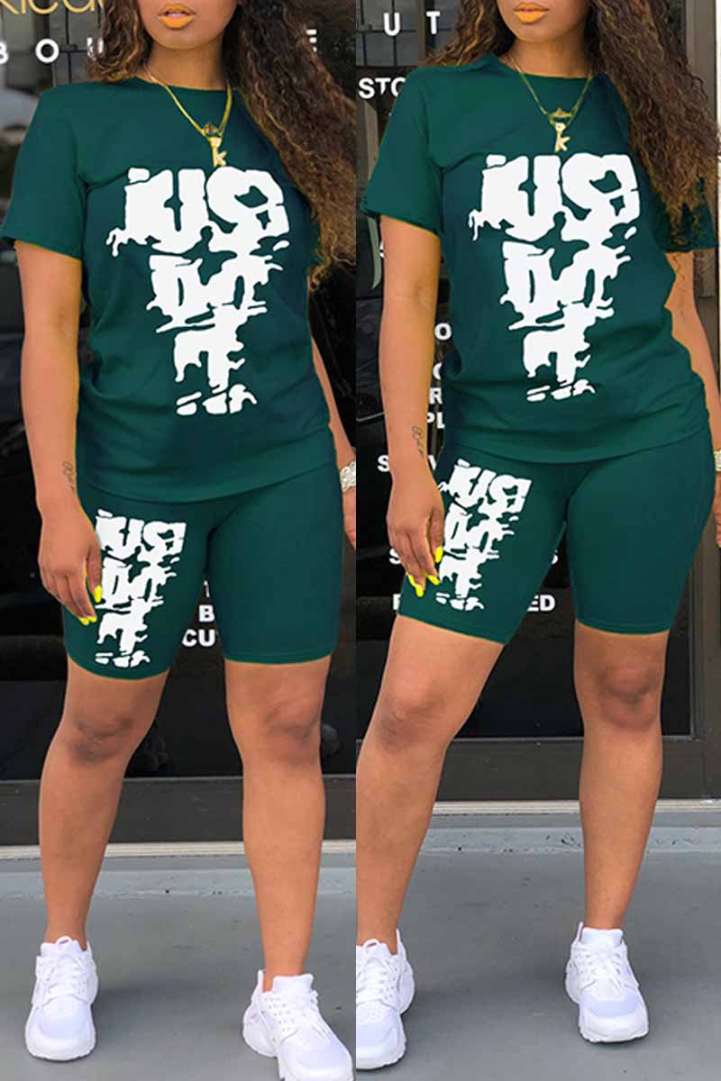 

Ink Green Casual Print Letter O Neck Short Sleeve Two Pieces