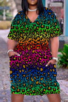 Vestido manga curta estampa casual turquesa patchwork básico com decote em V