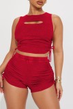 Rose Red Sexy Casual Solid Hollowed Out Frenulum O Neck Sleeveless Two Pieces