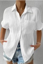 Top con colletto della camicia di base patchwork solido casual bianco