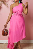 Roze sexy effen patchwork asymmetrische schuine kraag onregelmatige jurkjurken