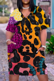 Vestido manga curta estampa casual estampa leopardo patchwork básico decote em V
