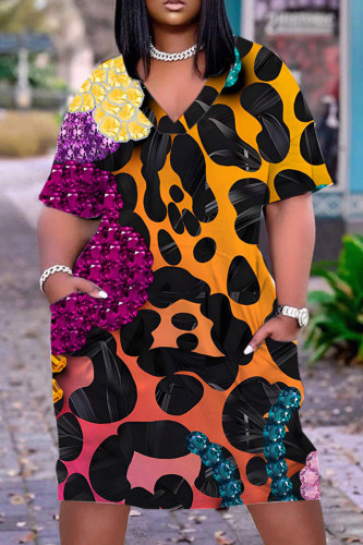 Orange Casual Print Patchwork Basic V Neck Short Sleeve Dress