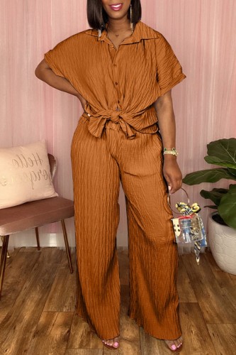 Orange Casual Solid Basic Turndown Collar Short Sleeve Two Pieces