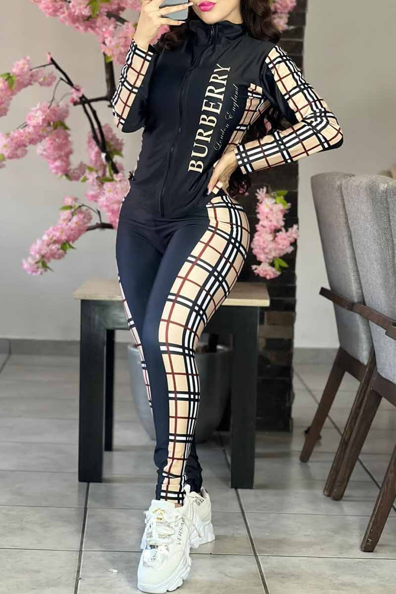 

Black Casual Sportswear Print Patchwork Letter Zipper Collar Long Sleeve Two Pieces