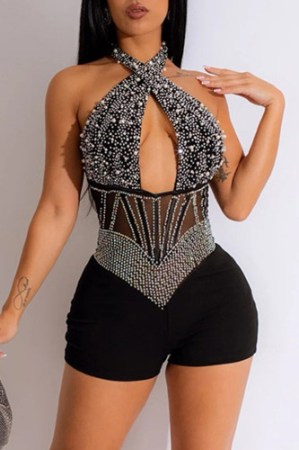 Black Sexy Patchwork Hot Drilling Hollowed Out Backless Halter Skinny Romper