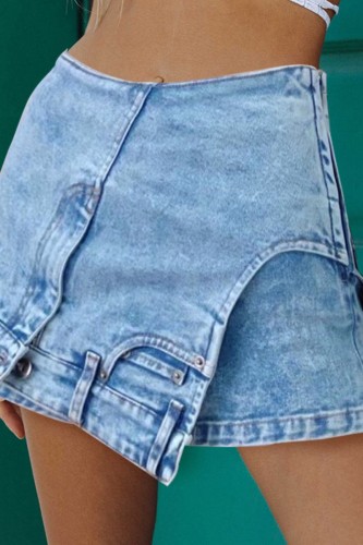 Saia jeans skinny azul casual patchwork cintura média