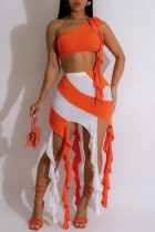 Oranje sexy casual patchwork kant backless contrast schuine kraag mouwloze twee stukken