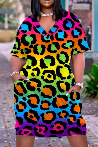 Multicolor Casual Print Patchwork Basic V Neck Short Sleeve Dress